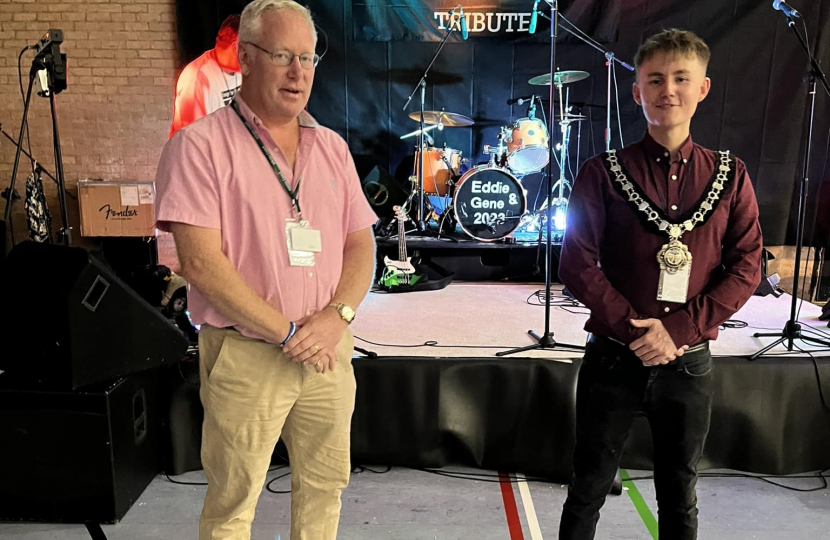 (left to right) Nic and Chippenham's Mayor in front of the stage.