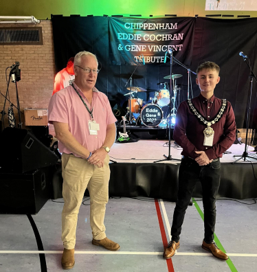 (left to right) Nic and Chippenham's Mayor in front of the stage.